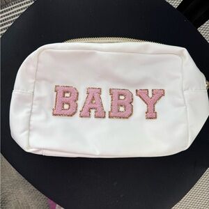 Stoney Clover Lane White Pouch with Pink Embroidery